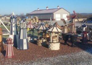 image of our entire selection of lawn ornaments, wishing wells, and windmills