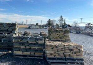 palleted stacks of pavers and wall block